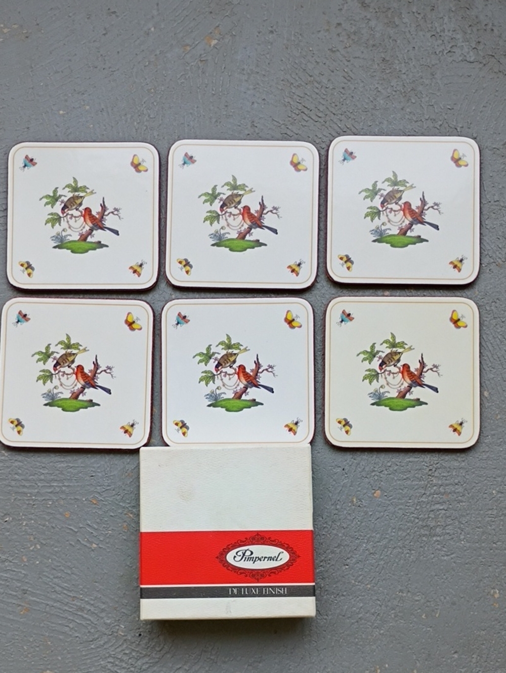 Vintage Pimpernel White Coaster Set with Bird & Butterfly Motif Set 6pc in Box